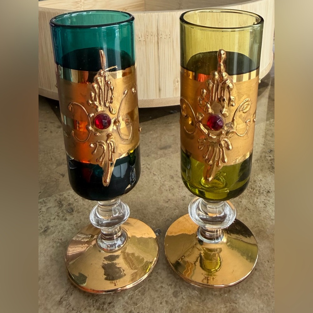 Vintage 2 pc Italian Elegant Gold Plated & Jeweled Cordial Glasses 5 1/2” Tall